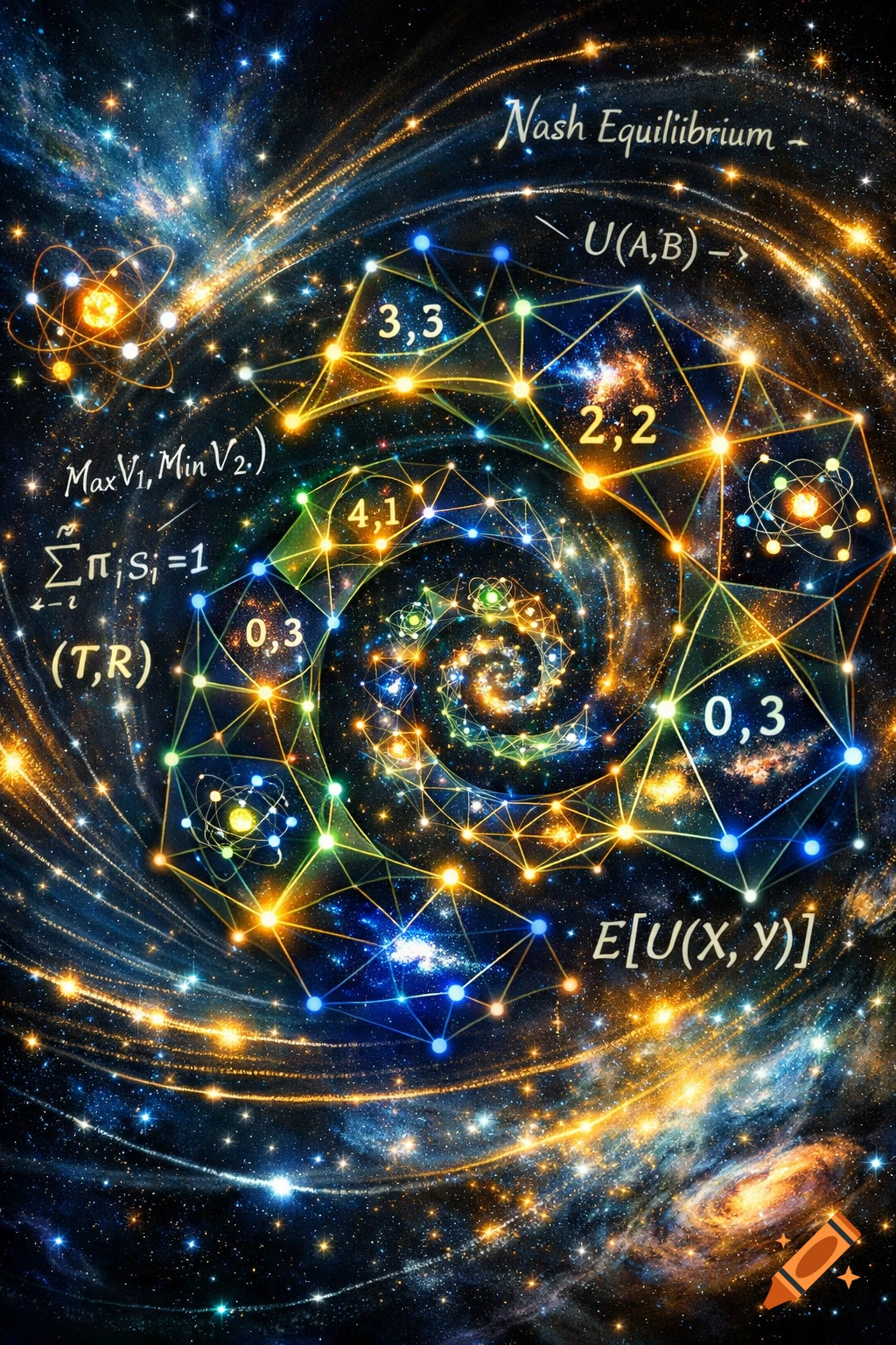 A vibrant cosmic spiral galaxy with stars and mathematical game theory symbols and equations like Nash Equilibrium.