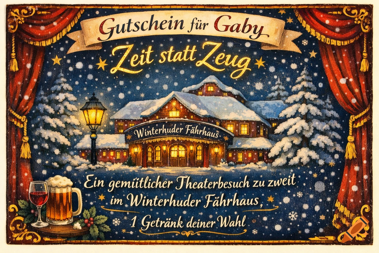 A vintage-style winter voucher featuring a snow-covered house, lamp, pine trees, red curtains, wine, beer, and German text.