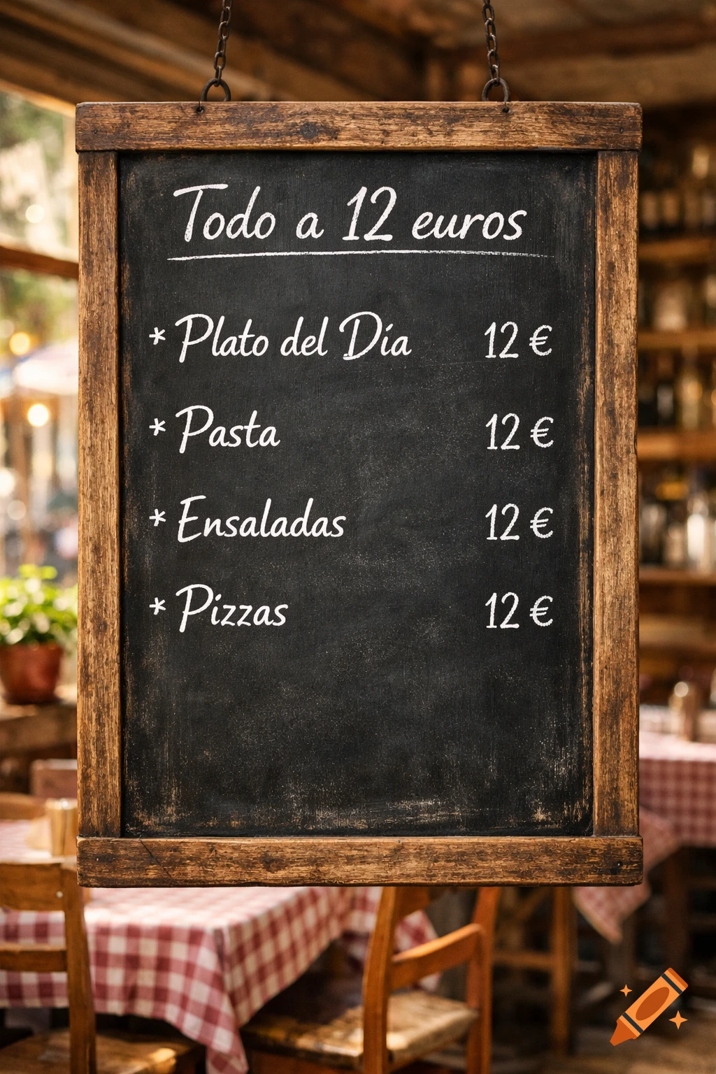 A wooden-framed chalkboard menu hangs, displaying 'Todo a 12 euros' and listings for 'Plato del Dia', 'Pasta', 'Ensaladas', and 'Pizzas' each priced at 12 , set against a blurred restaurant background.