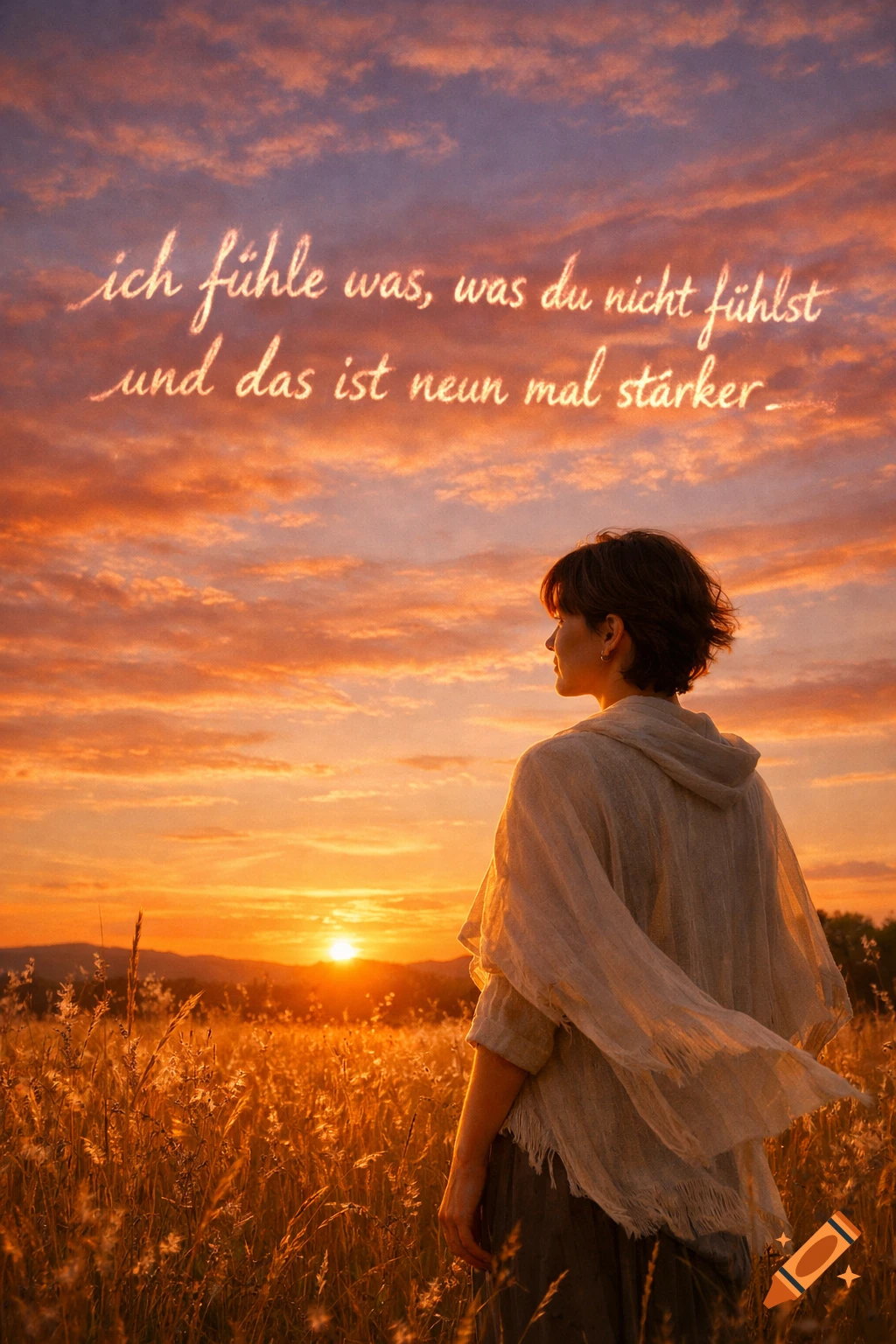 A person stands in a golden field, looking at a vibrant sunset with a German quote written in the clouds above.