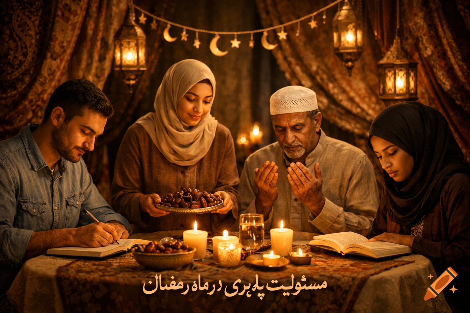 A group of people in traditional attire gather around a table lit by candles and lanterns, observing Ramadan with prayer, reading, and dates.