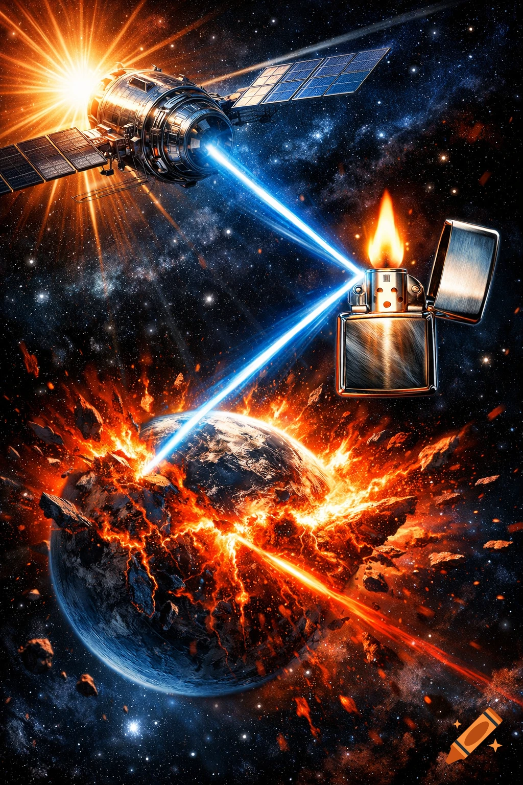 A satellite beams a blue laser at a fiery Zippo lighter, which reflects a red beam to an exploding Earth in space.