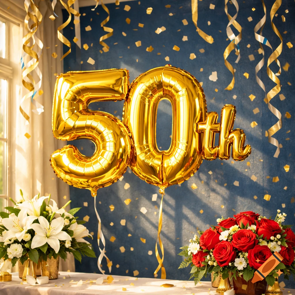 Gold "50th" balloons float in a room decorated with confetti and streamers, beside bouquets of white lilies and red roses, for a celebration.