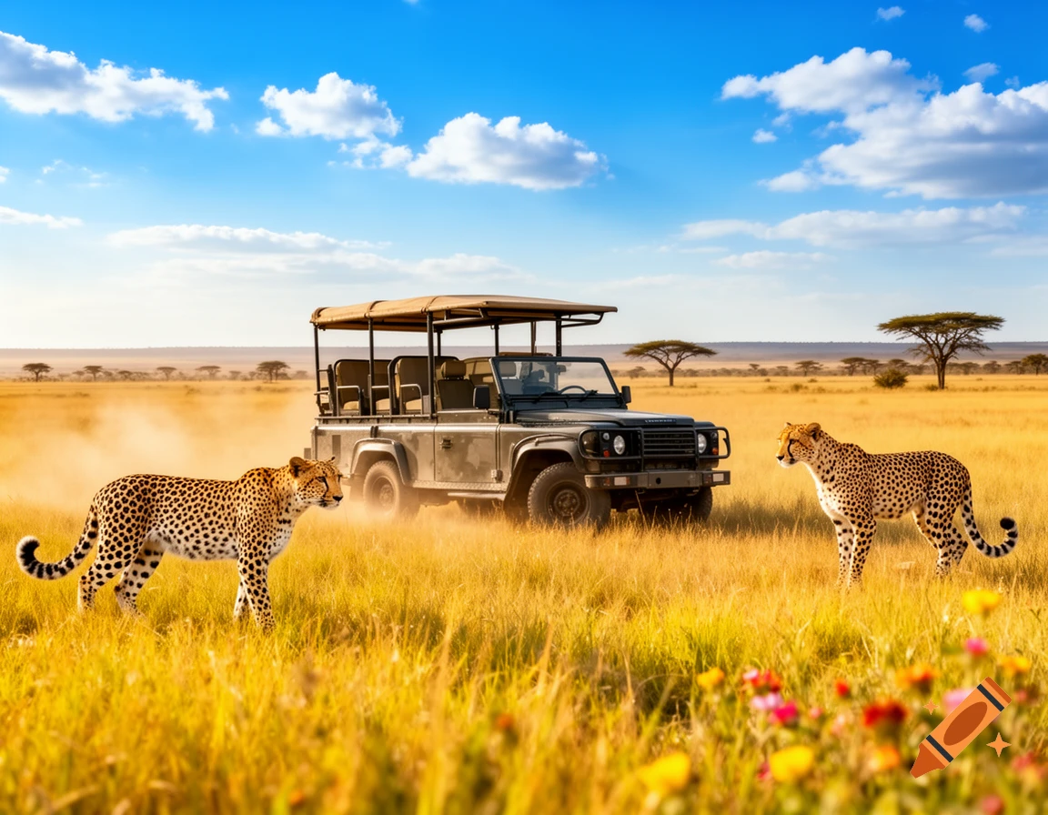 A photorealistic image of two leopards standing in tall golden grass near a safari jeep in a sunny African savanna under a blue sky.