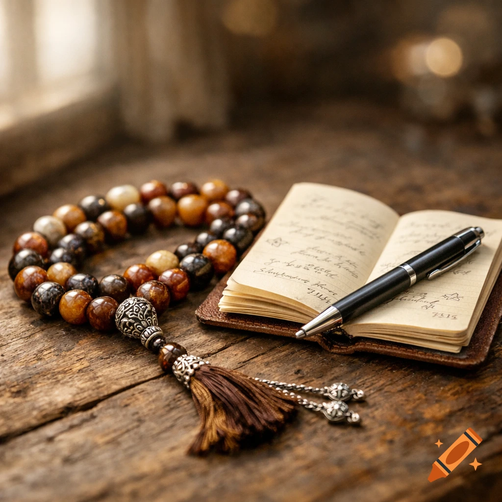 Photorealistic still life of prayer beads, an open notebook with a pen on a rustic wooden table.