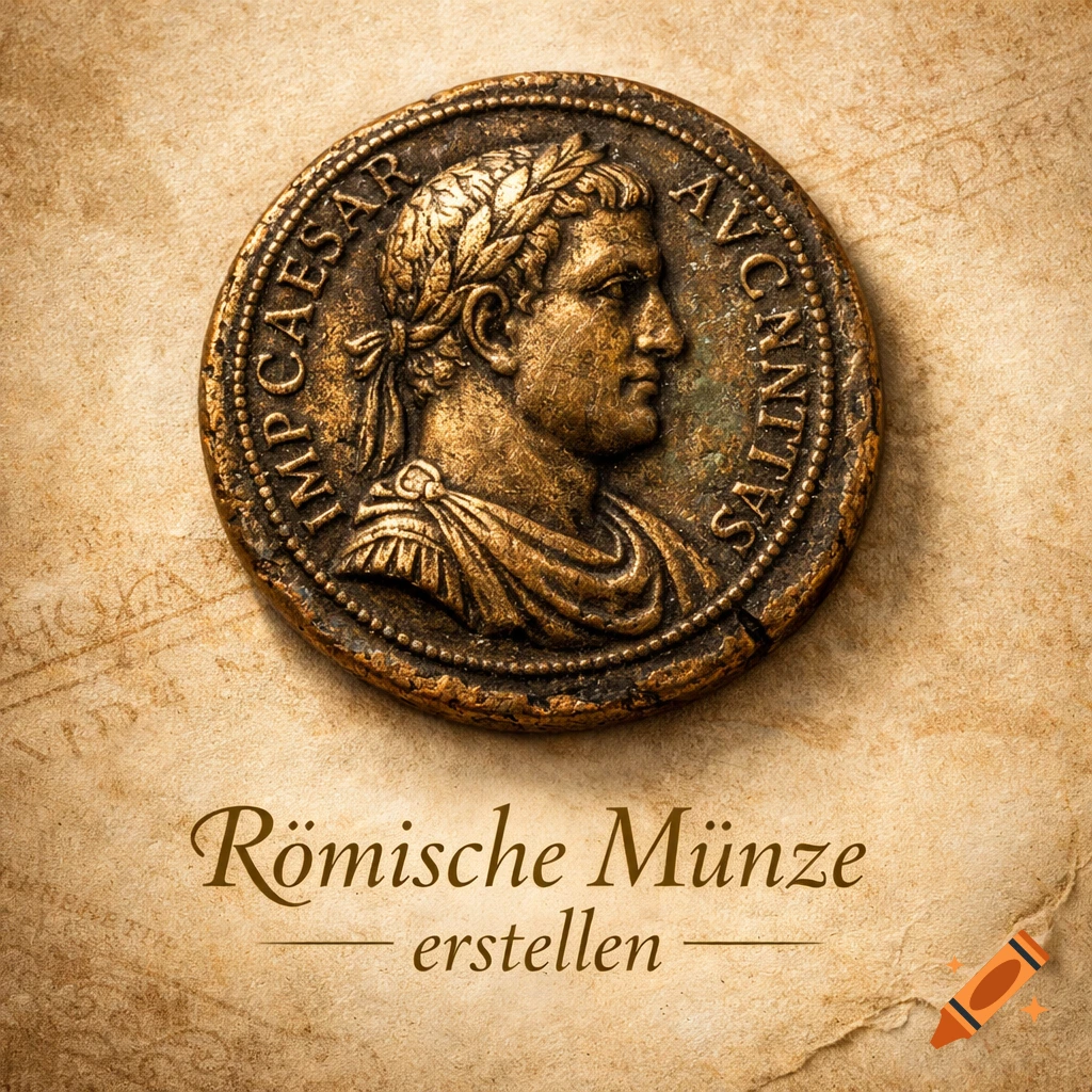 An old, detailed bronze Roman coin featuring a bust of a figure with a laurel wreath and partial Latin text, resting on aged, textured paper with additional German text.