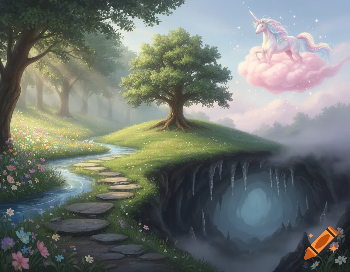A magical fantasy landscape featuring a unicorn on a pink cloud, a winding river with stepping stones, a lush forest, and a mystical cave.