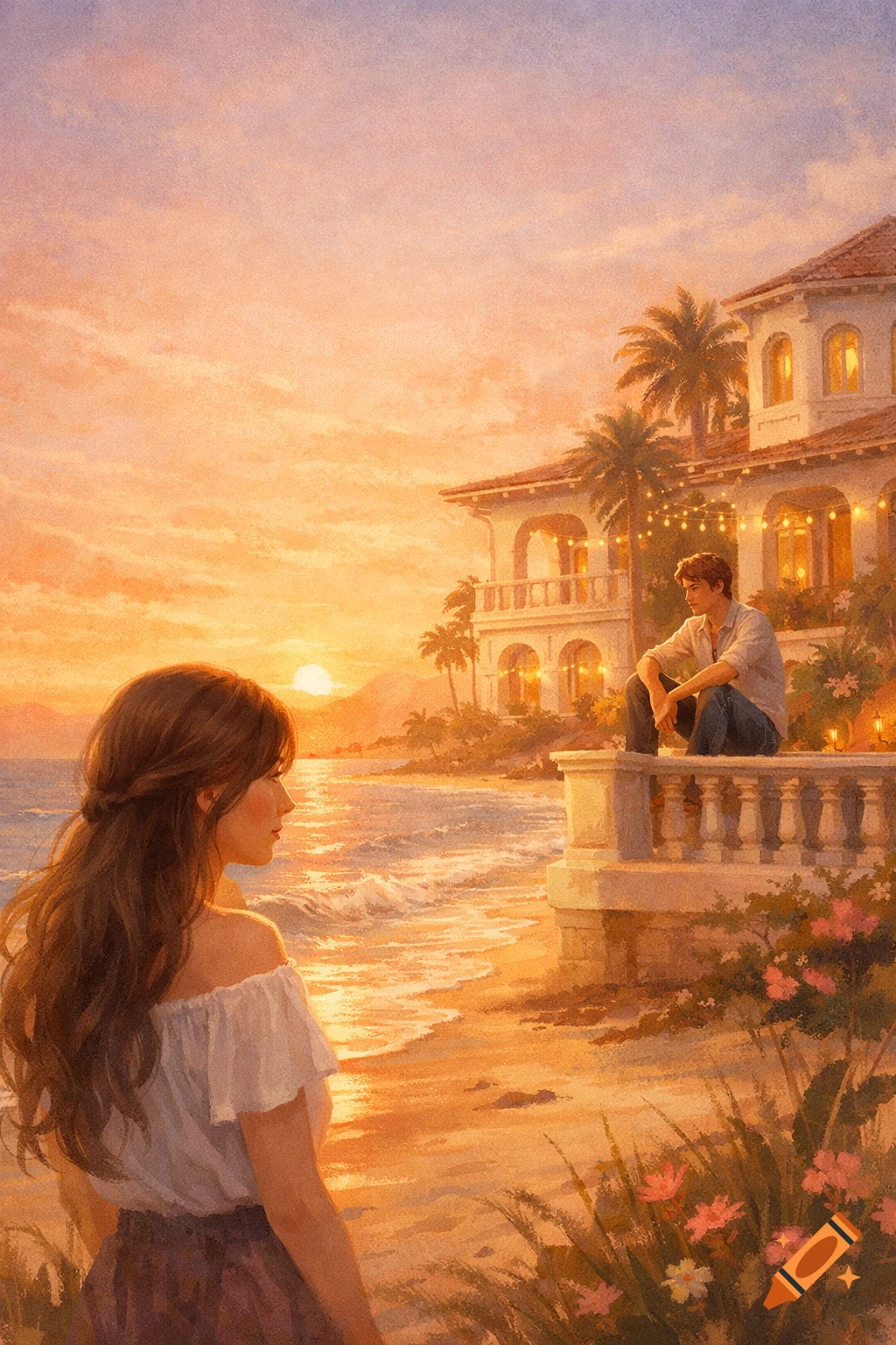 Illustrative painting of a woman on a beach at sunset, looking at the ...