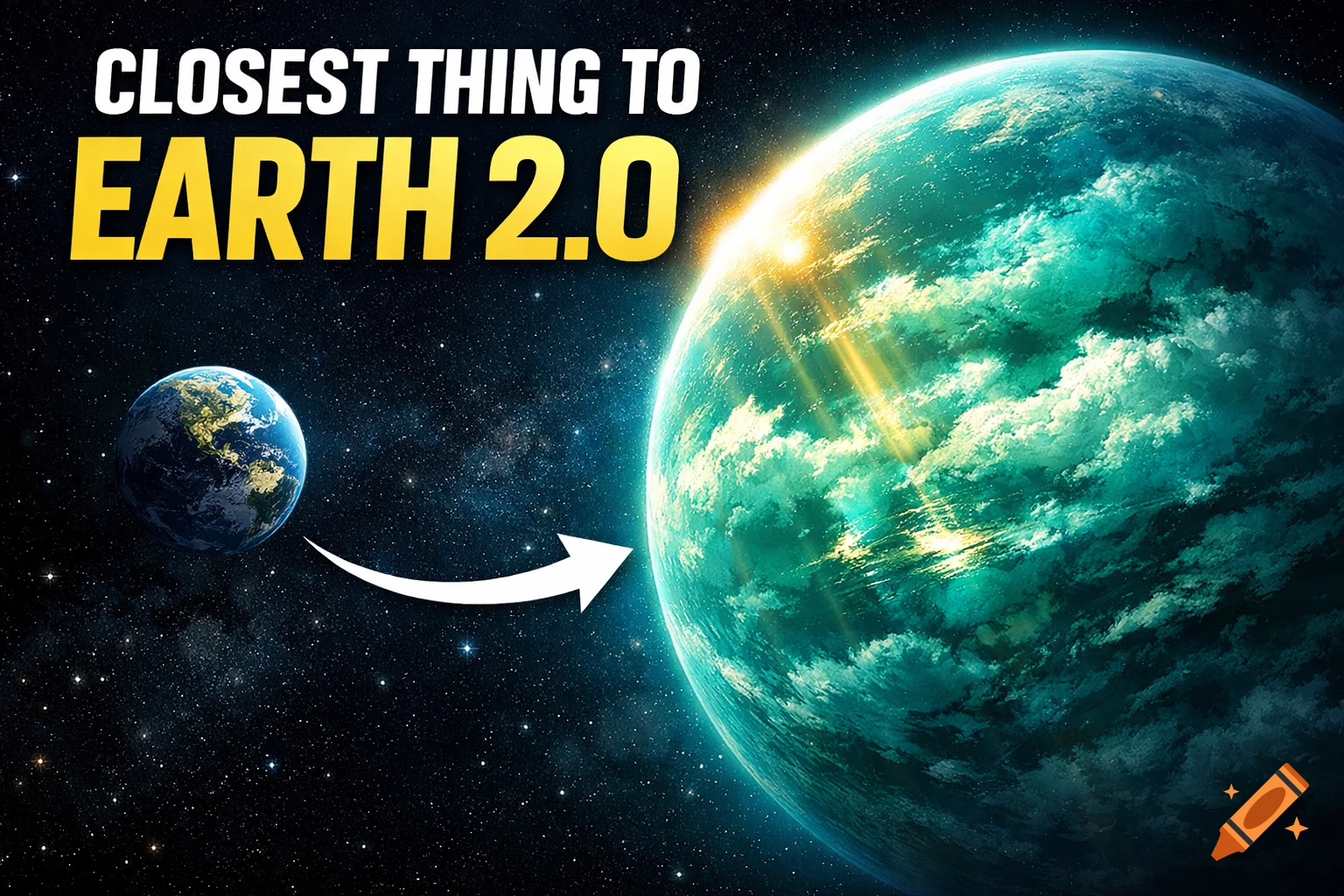 Earth next to a much larger teal-green exoplanet in space with a white arrow and text 'CLOSEST THING TO EARTH 2.0'.