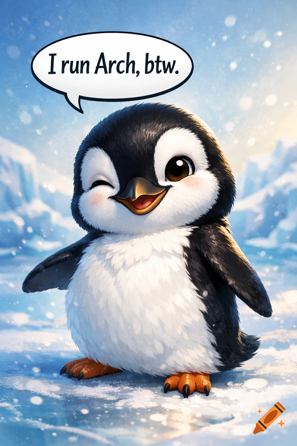 A cute cartoon penguin winks with a speech bubble saying, "I run Arch, btw." in a snowy arctic landscape.