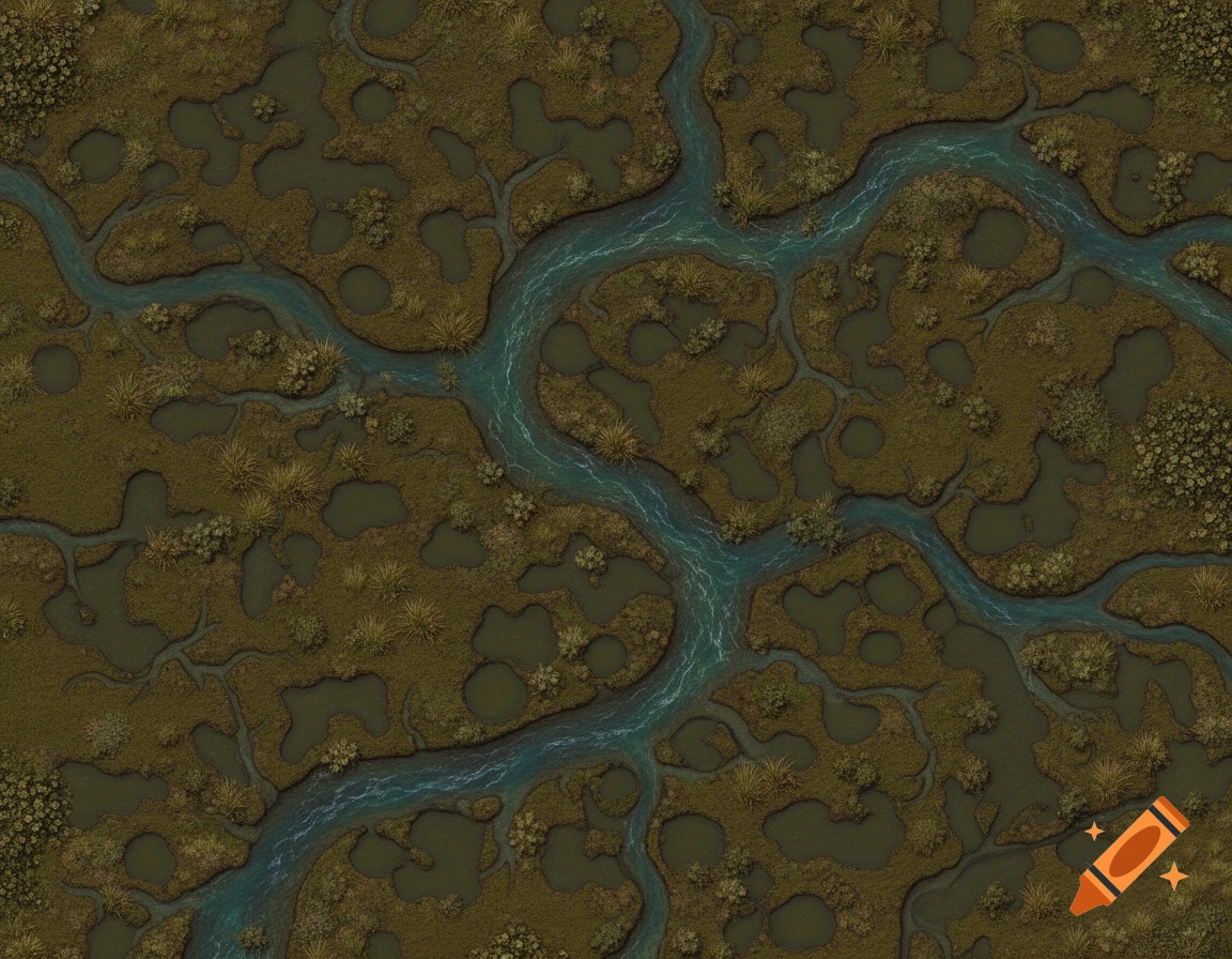 Top-down role-playing game map of a swamp with a winding river, mud puddles, and green vegetation.