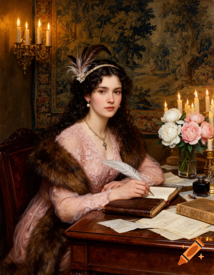 A young woman in a pink dress and fur stole writes with a quill at a mahogany desk, surrounded by candles and flowers, in a classical painting style.