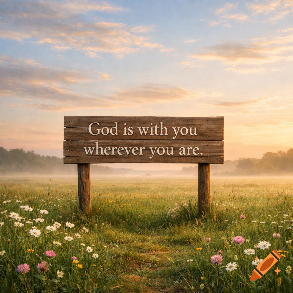 A wooden sign in a misty, sunlit field of wildflowers reads 'God is with you wherever you are'.