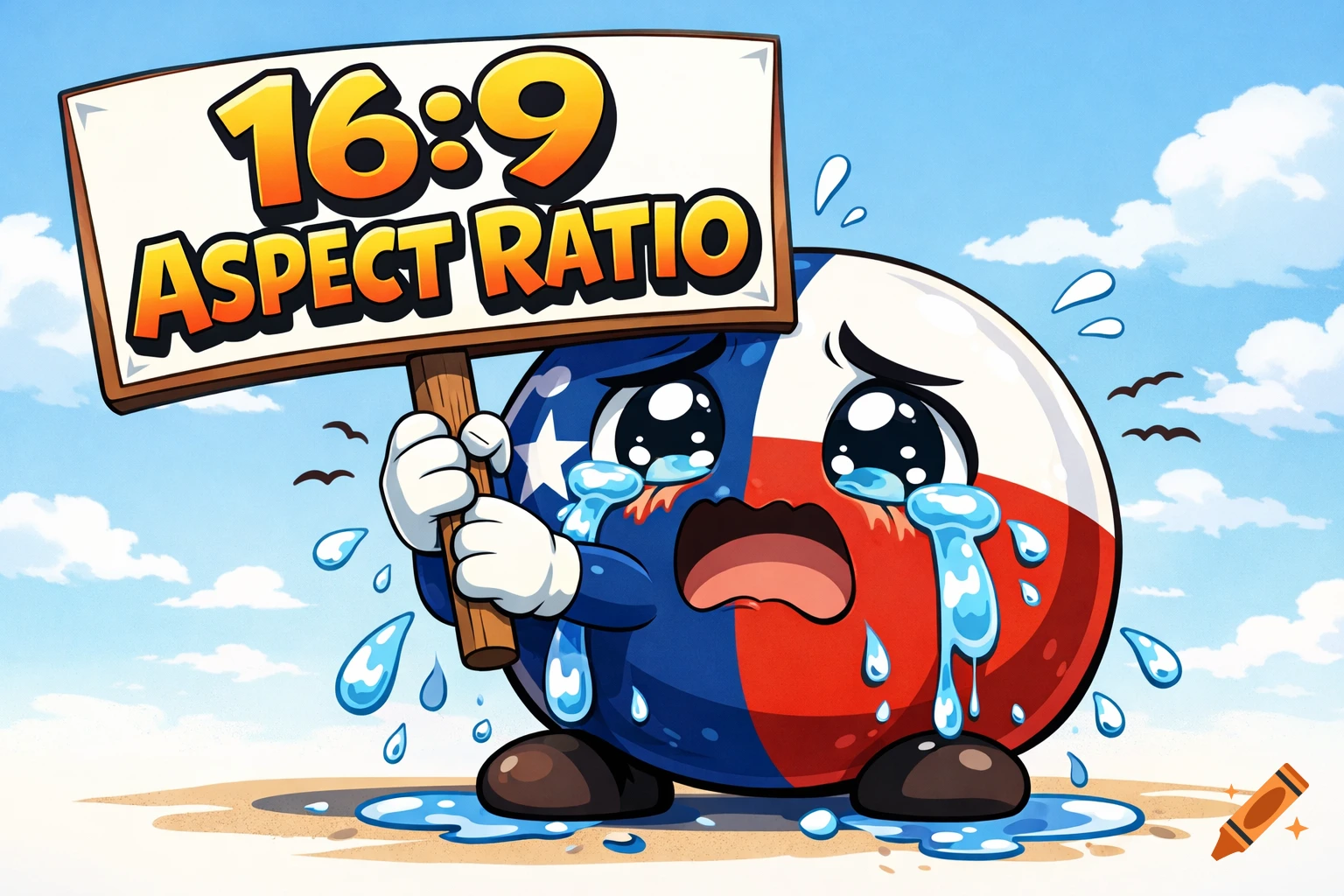 A crying cartoon Texasball character holds a sign saying '16:9 ASPECT RATIO' on sandy ground.