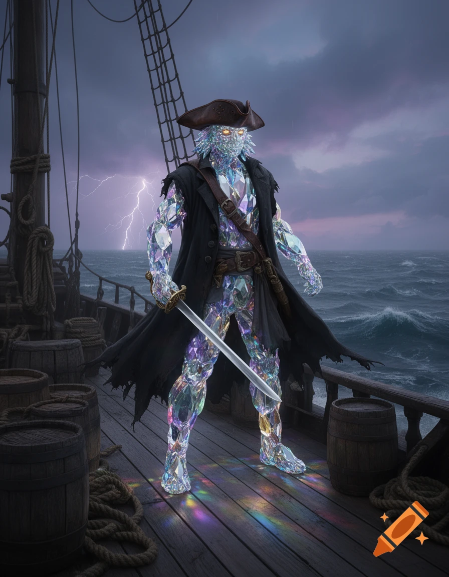 A formidable crystal pirate stands on a stormy ship deck, holding a sword, with lightning striking in the background.