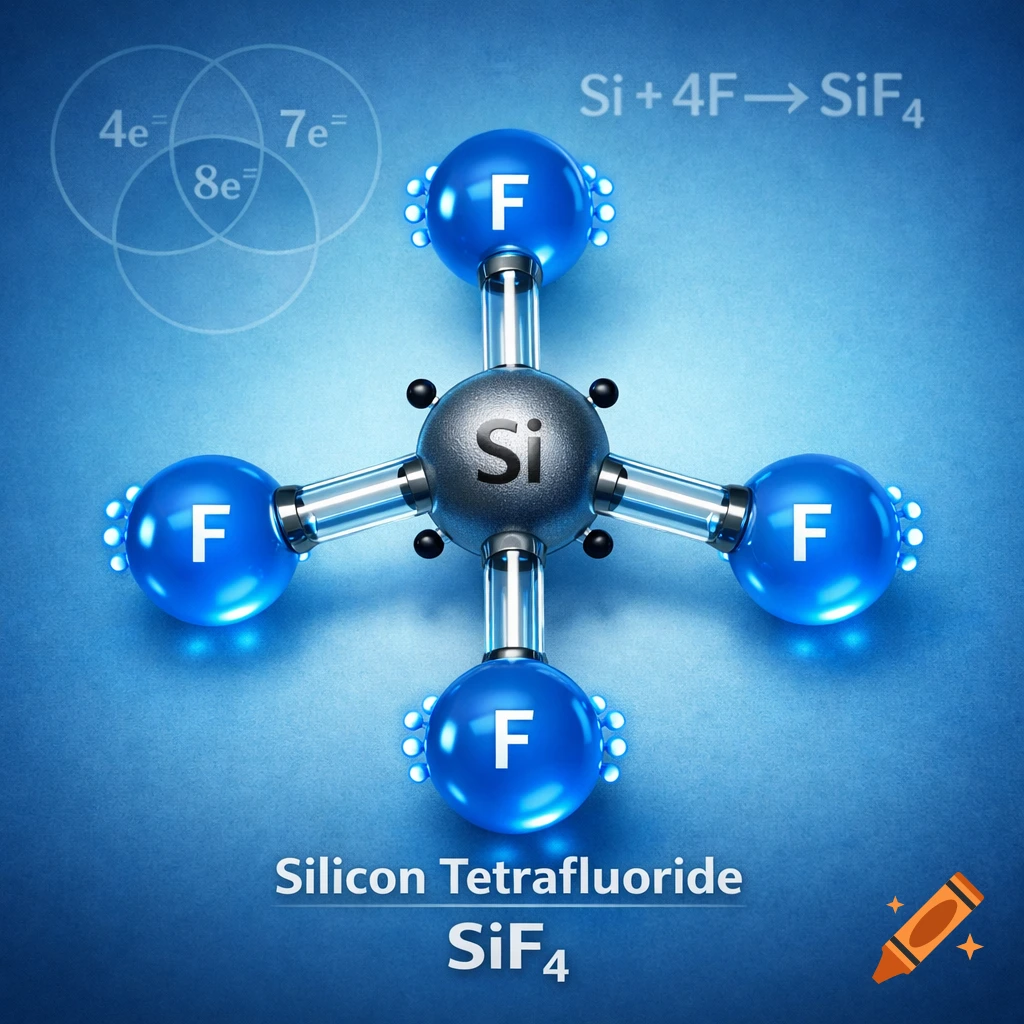 3D model of a Silicon Tetrafluoride molecule (SiF4) with chemical formulas and electron shell diagrams on a blue background.
