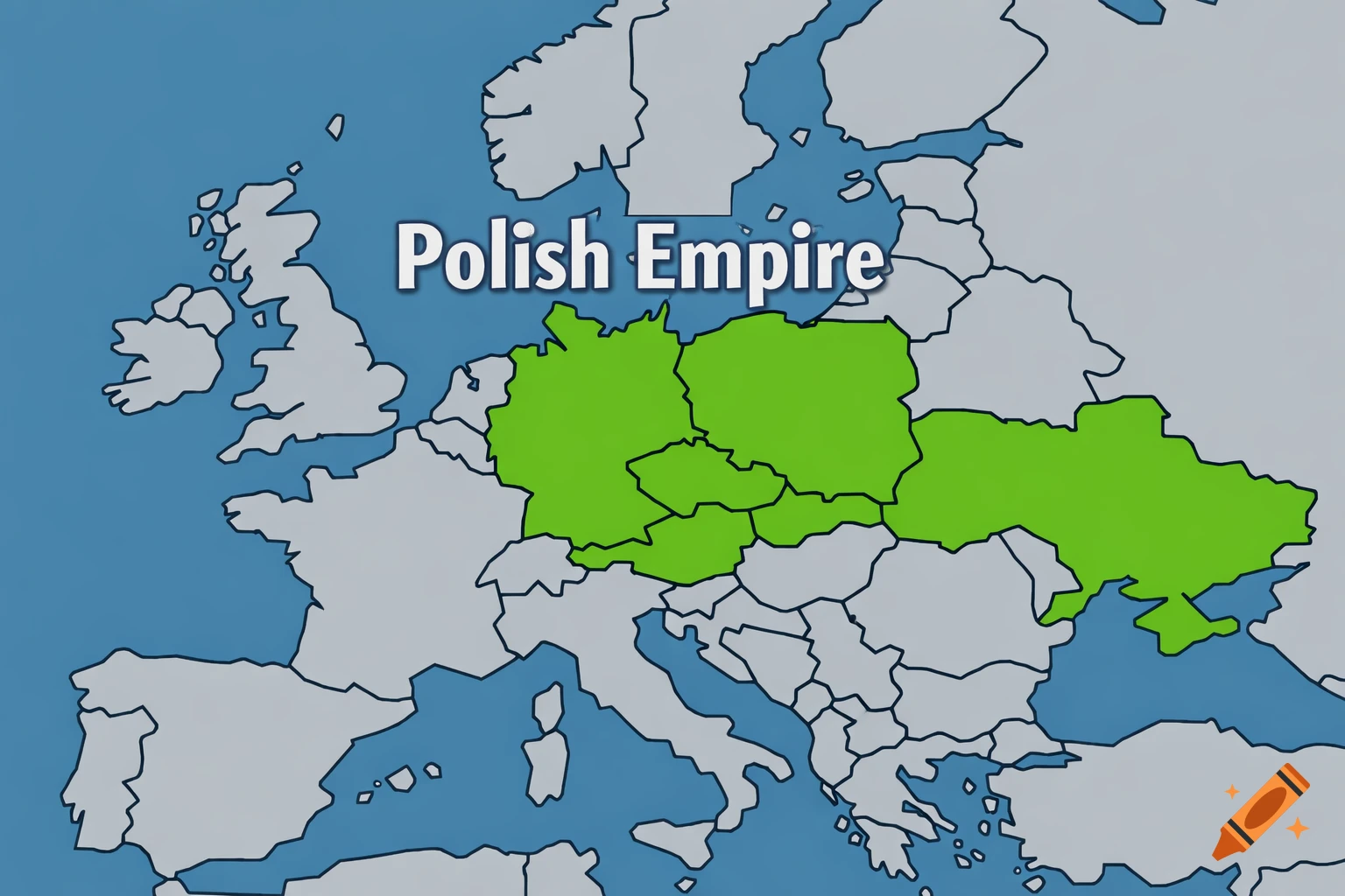 Map of Europe with an imagined Polish Empire in green covering parts of Poland, Germany, and Ukraine.