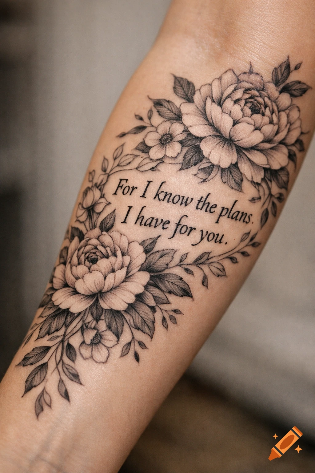 A black and white floral forearm tattoo featuring the Bible verse 'For I know the plans. I have for you.'