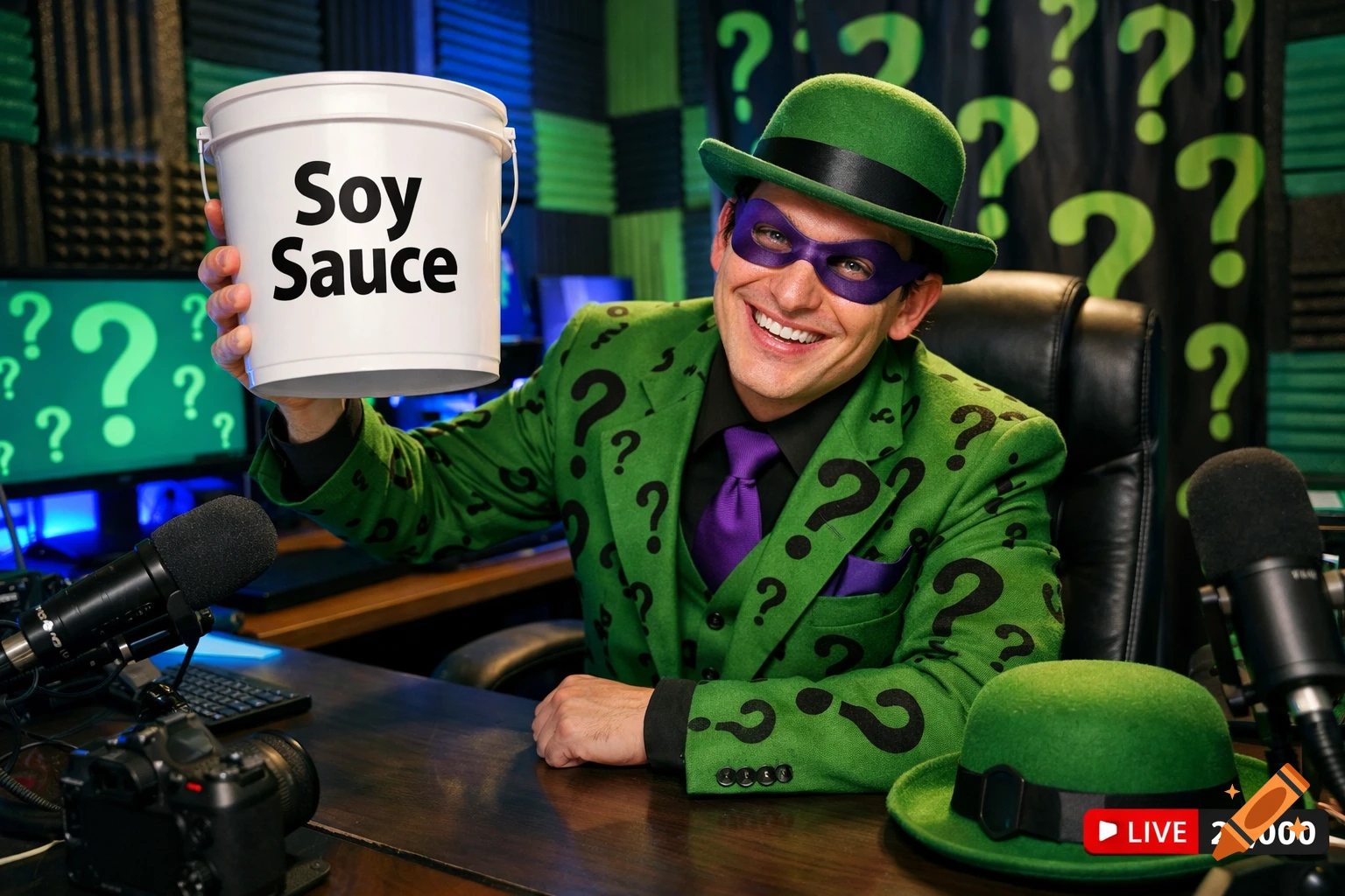 The Riddler in a green suit and purple mask smiles, holding a bucket labeled 'Soy Sauce' in a studio with question mark decor.