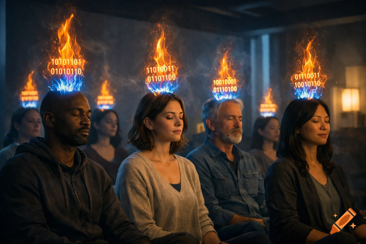 A diverse group of people with closed eyes sit in a dimly lit room, with glowing digital flames and binary code floating above each head in a cinematic, surreal style.