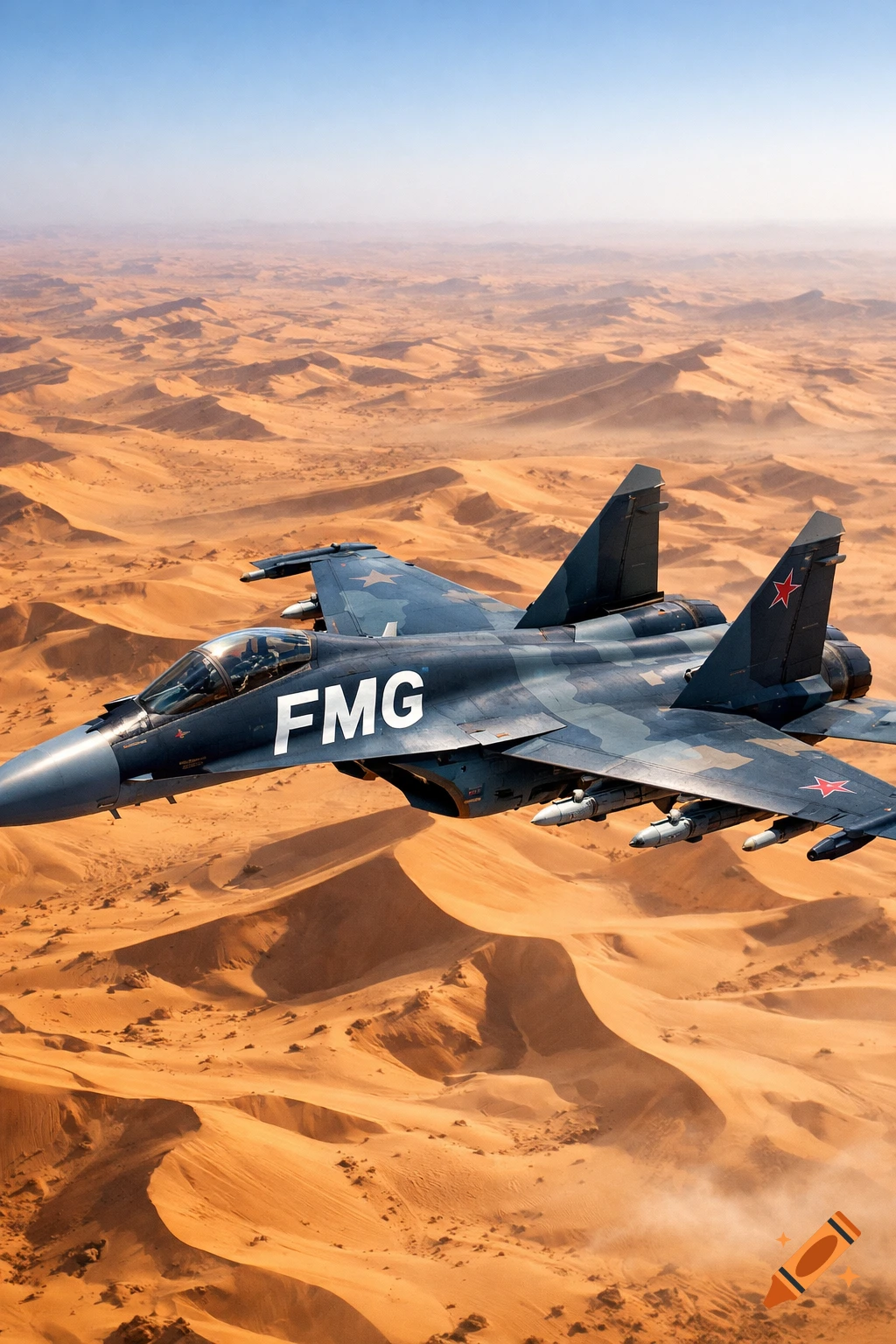 A camouflaged military jet with "FMG" written on its side flies over a vast, sandy desert landscape under a clear sky.
