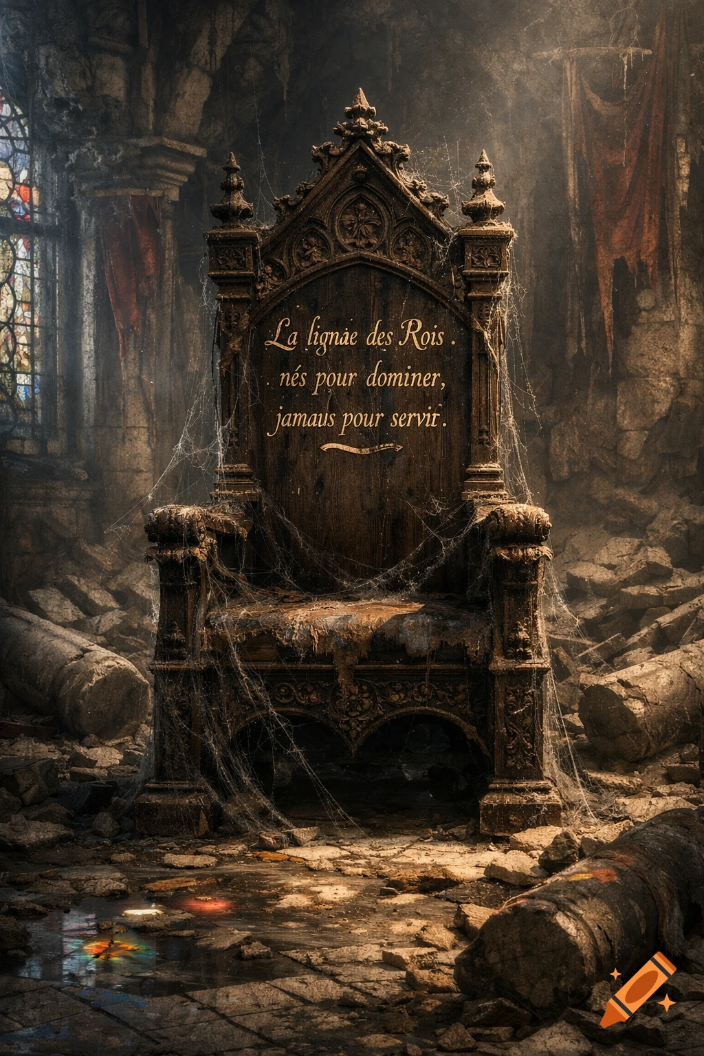 An ancient, ornate wooden throne covered in cobwebs sits amidst a ruined stone hall with stained glass and debris, featuring a French inscription.