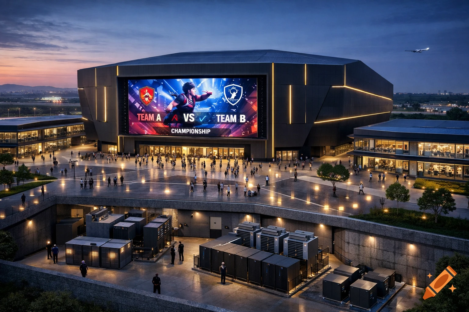 A modern, dark esports arena with gold accents at dusk, displaying "TEAM A VS TEAM B. CHAMPIONSHIP" on a large screen, surrounded by crowds and tech infrastructure.