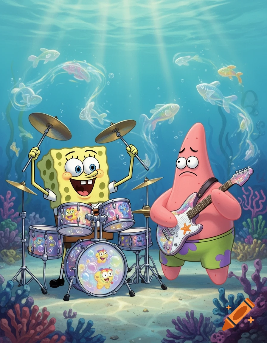 Spongebob Squarepants happily plays drums while Patrick Star sadly plays an electric guitar in an underwater coral reef scene.