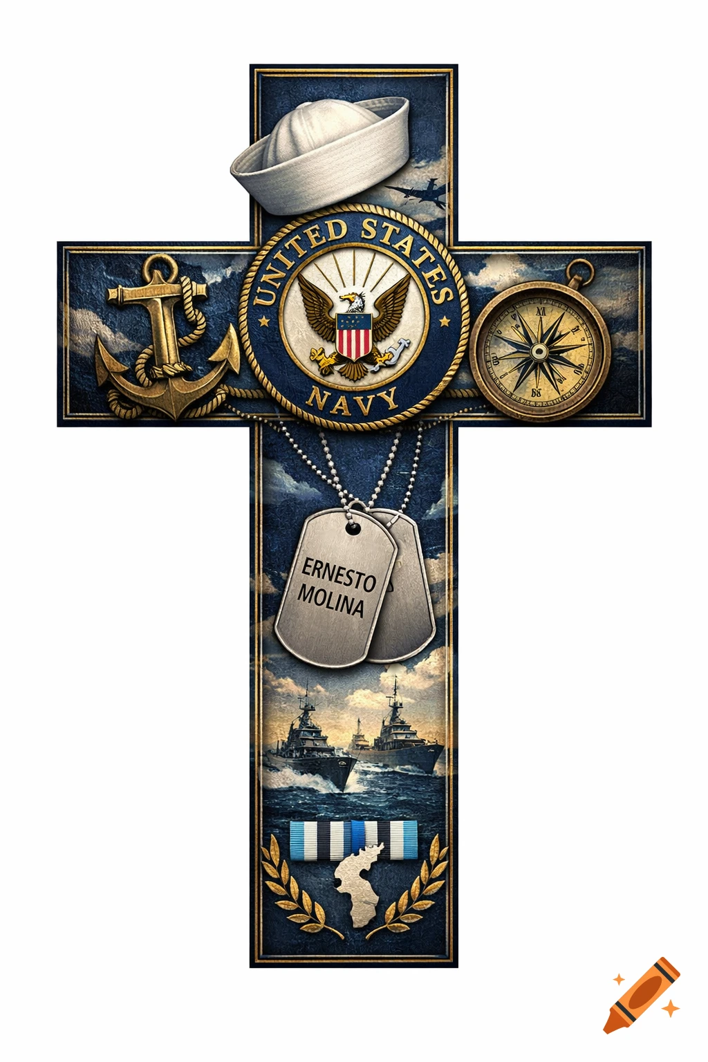 A cross-shaped emblem filled with US Navy imagery including a sailor hat, anchor, US Navy seal, dog tags with 'ERNESTO MOLINA', compass, and warships.