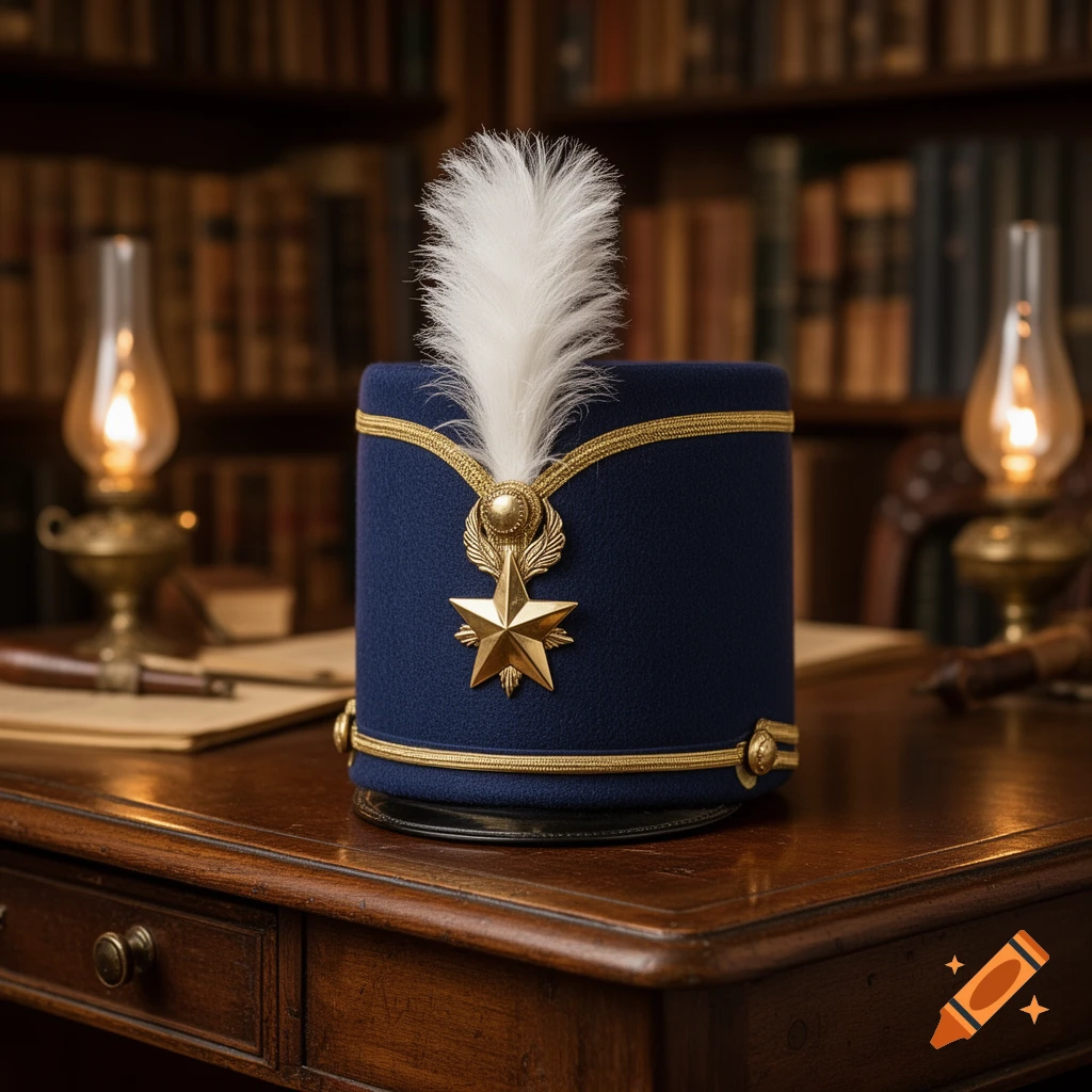 A blue military shako with a white feather plume and a gold star sits on a wooden desk, flanked by glowing oil lamps with a library in the background.