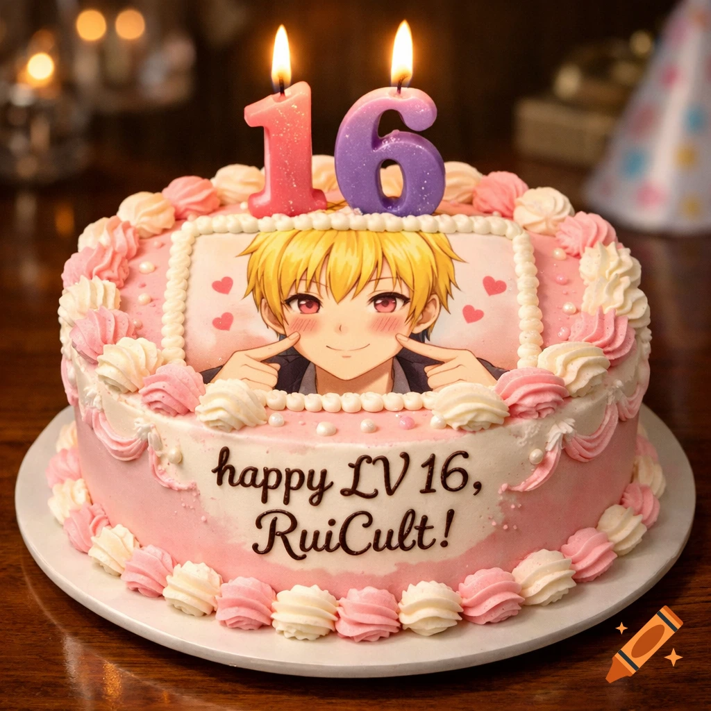 A pastel pink and white birthday cake with lit '16' candles, an anime boy, and 'happy LV 16, RuiCult!' in icing.