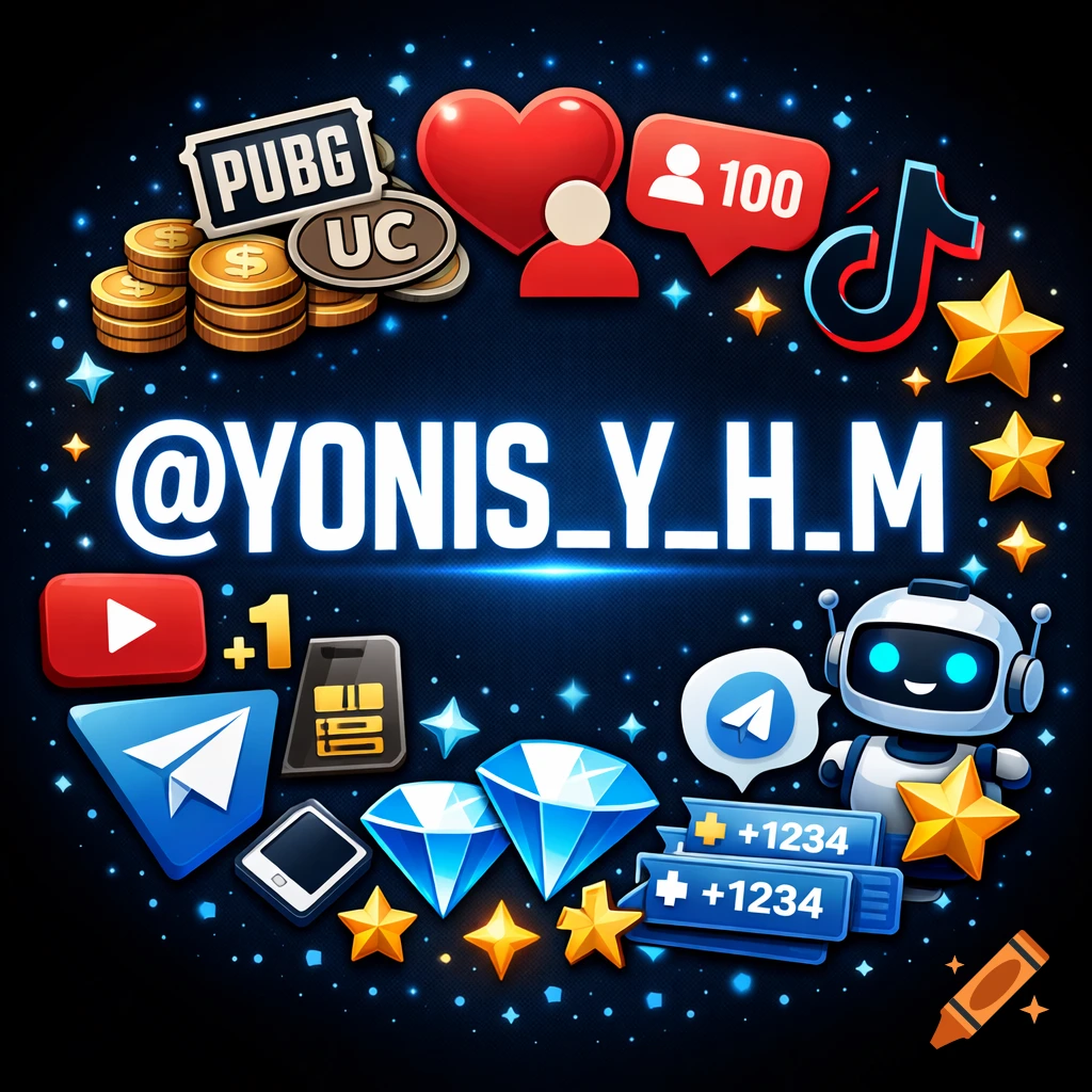 A dark blue-black background with glowing particles and a circular collage of social media and gaming icons surrounding the white glowing text "@YONIS_Y_H_M" in the center. Icons include PUBG, UC coins, a heart, a follower count of 100, a TikTok logo, a YouTube play button, a Telegram paper plane, a robot, diamonds, and star badges.
