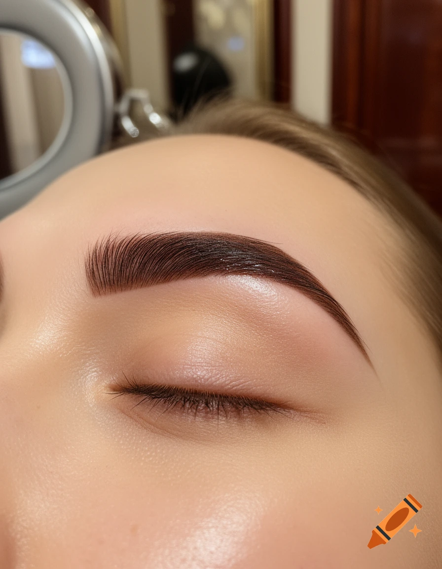 A close-up shot of a perfectly laminated and tinted eyebrow with smooth, hydrated skin around the closed eye.