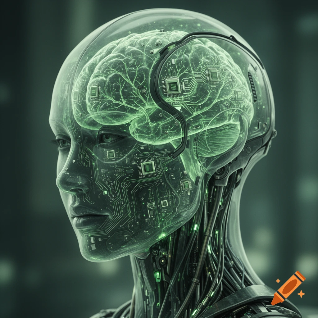 Close-up of a transparent female cyborg head revealing a glowing green brain and intricate internal circuitry.