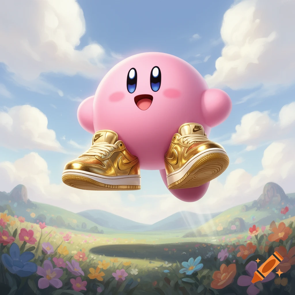 Kirby, a pink video game character, floats above a vibrant flowery meadow under a blue sky, wearing shiny golden Nike sneakers.