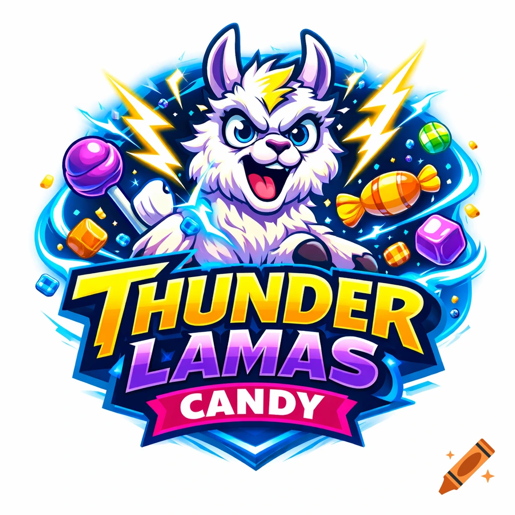 A vibrant cartoon logo for 'Thunder Lamas Candy' featuring an energetic white llama surrounded by lightning bolts and colorful candy pieces.