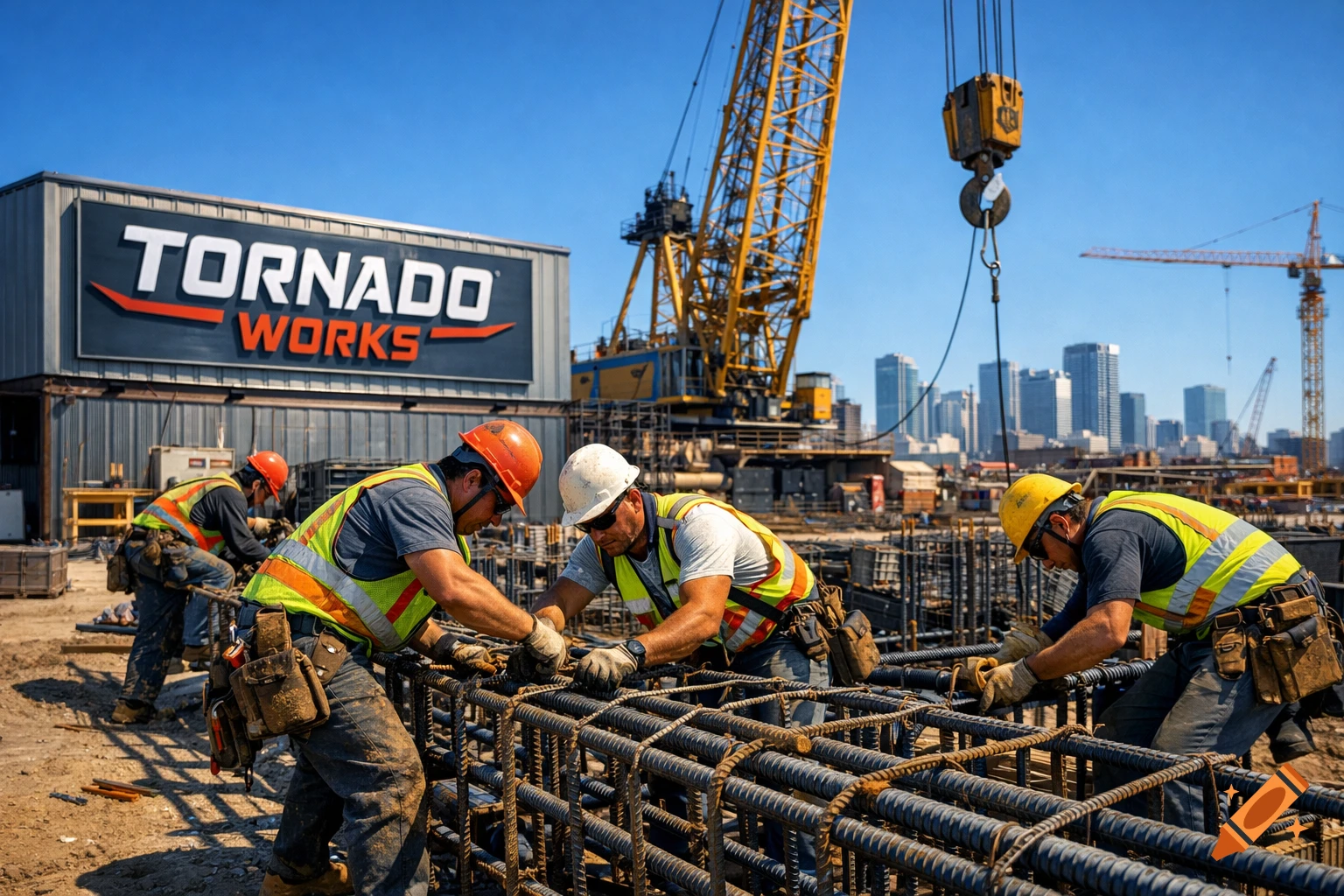 Construction workers in hard hats and vests tying rebar at a sunny building site with a crane and city skyline.