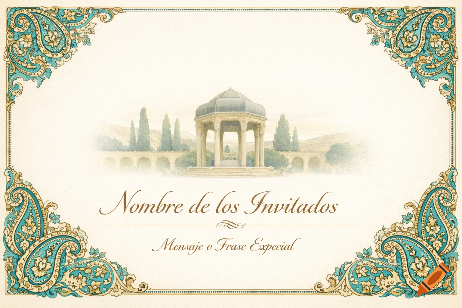 Elegant wedding invitation with turquoise and gold Persian patterns bordering a central illustration of a classical gazebo in a garden.
