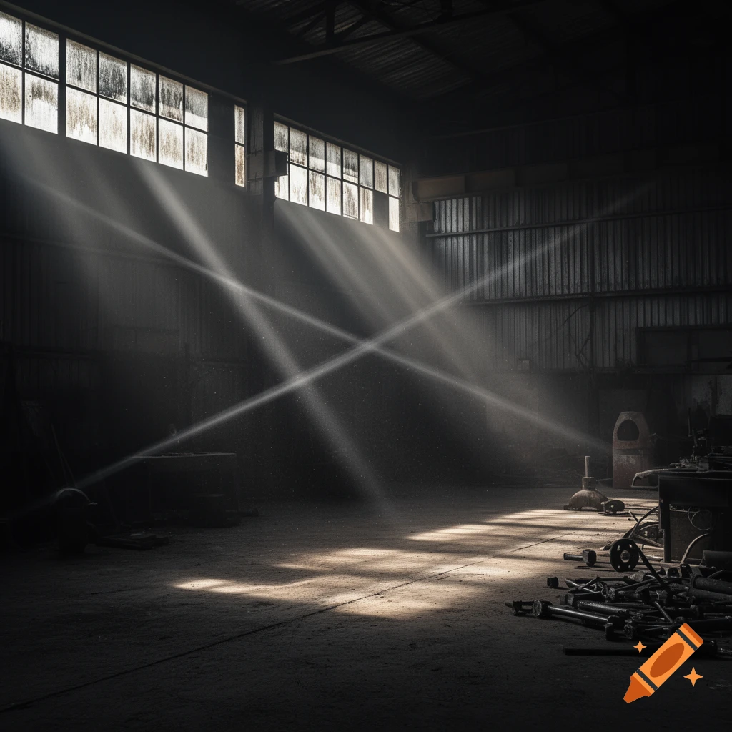 Sunlight beams through dirty windows into a dark, dusty industrial interior, highlighting dust in the air and streaks on the floor.