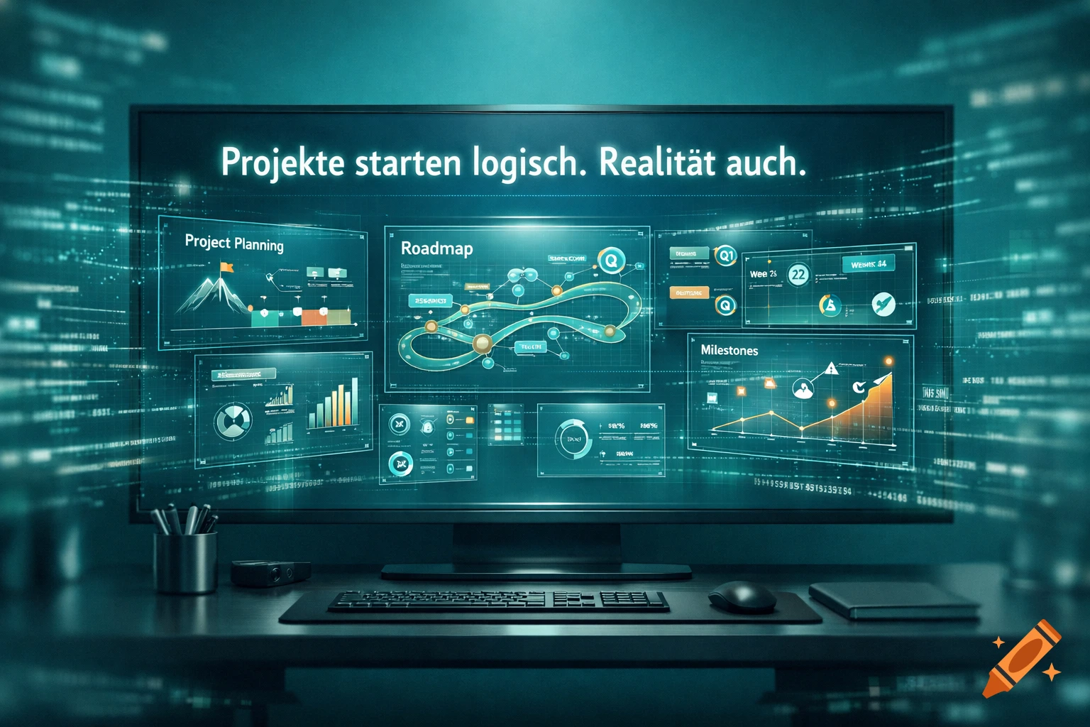 A computer monitor on a dark desk displays a digital dashboard with project planning, roadmap, and milestones, featuring glowing blue and green data visualizations and the German text "Projekte starten logisch. Realit t auch." above.