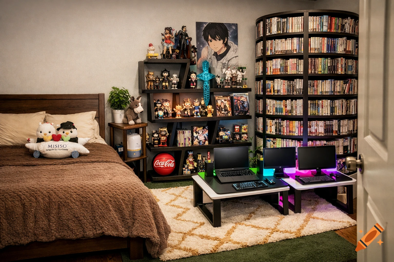 A detailed bedroom with a bed, a desk with two monitors and laptops, and a large collection of anime figures, manga, and books.