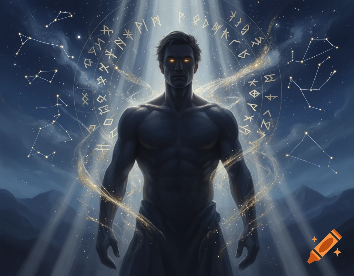 Constellation Runes A muscular, dark-skinned figure with glowing orange eyes stands under a ...