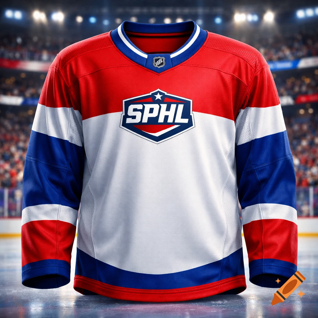 Red, white, and blue hockey jersey with an SPHL logo on the chest, displayed on an ice rink in a stadium.
