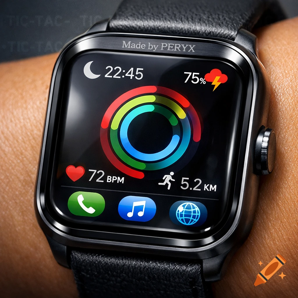 Close-up of a black smartwatch on a wrist, displaying time, health metrics, and app icons. 'Made by PERYX' on the bezel.