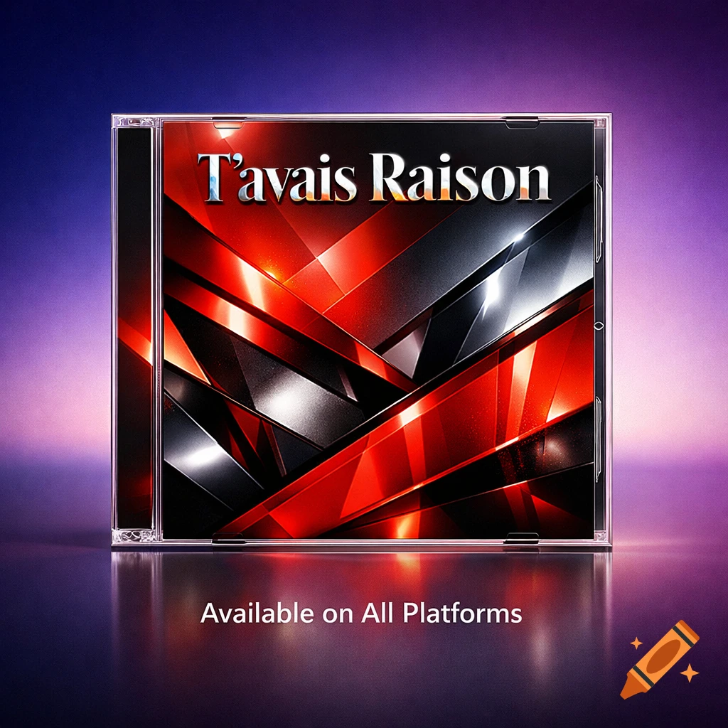 A CD case for "T'avais Raison" with abstract red and black geometric art, reflecting on a purple surface, with text "Available on All Platforms" below.