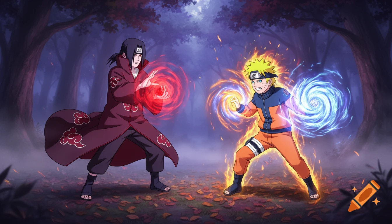 Itachi and Naruto from the anime series stand facing each other in a forest, casting swirling red and blue energy attacks.