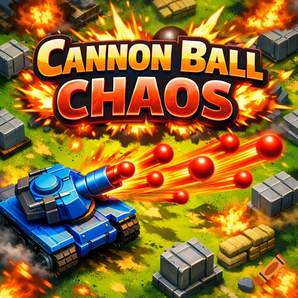 Top-down arcade view of a blue tank shooting red cannonballs on a green battlefield with explosions, 'CANNON BALL CHAOS' title.