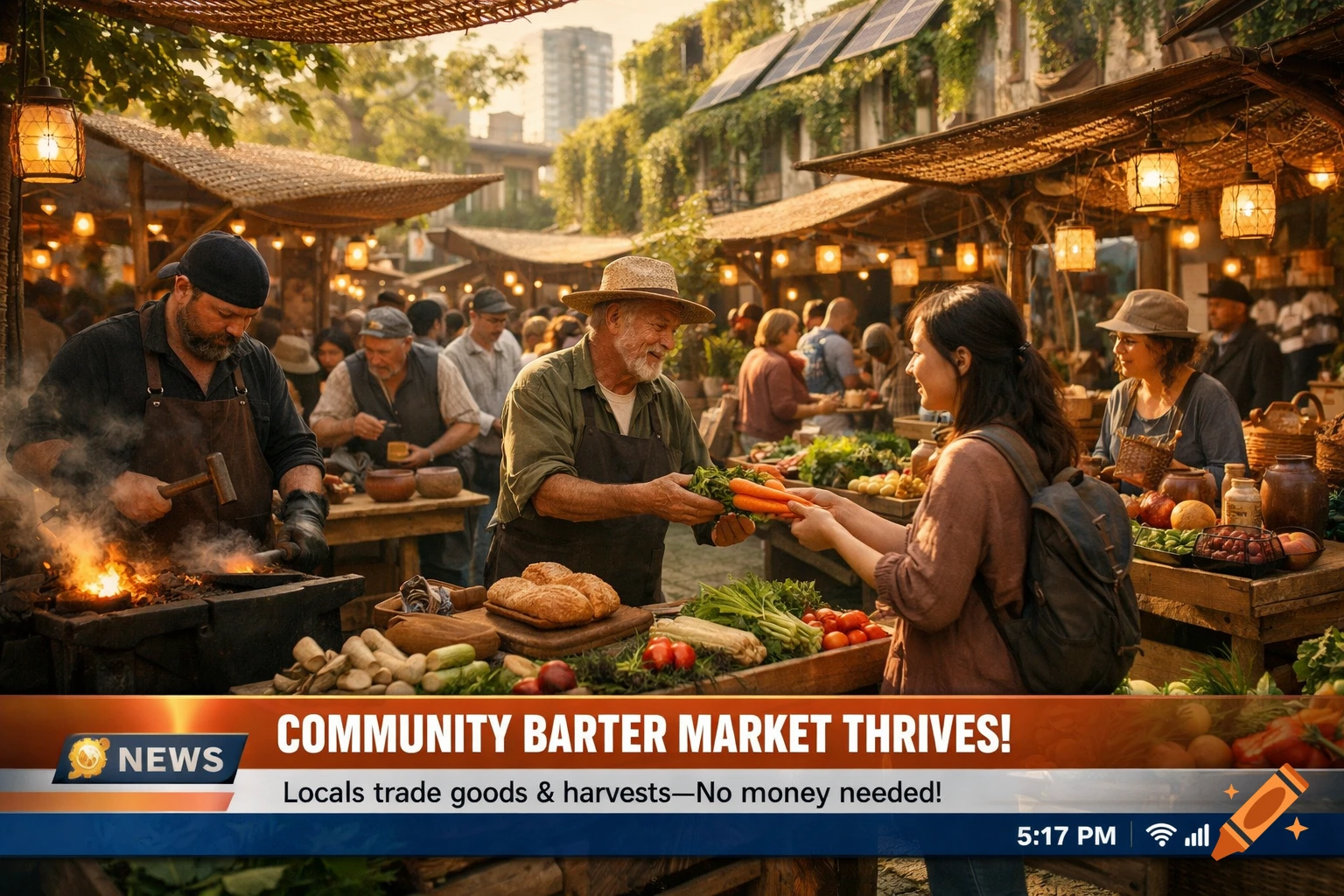 Bustling open-air community barter market with people exchanging produce and goods, a blacksmith working a forge, under golden hour light and a news graphic.