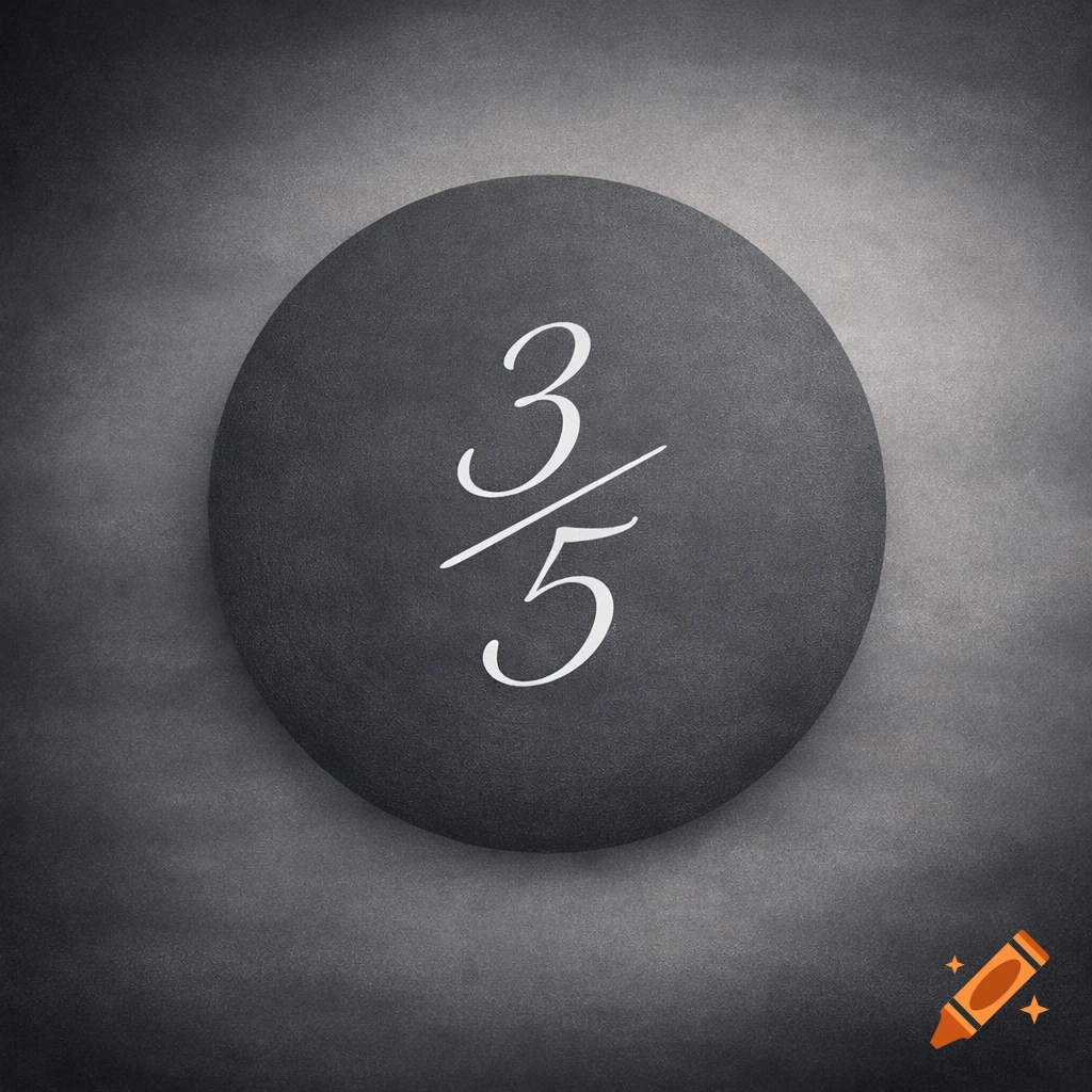 A white fraction 3/5 centered on a dark gray circle against a textured dark gray background.