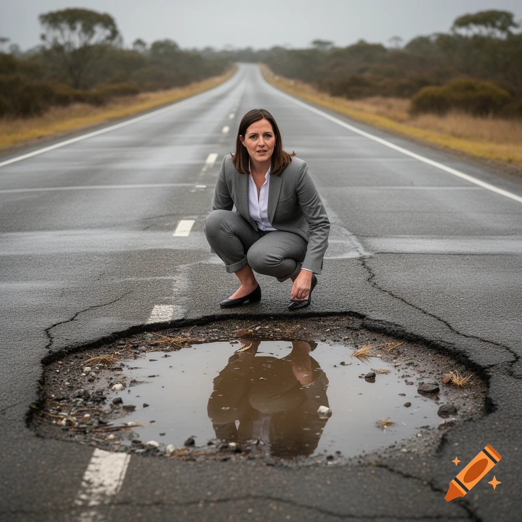 A woman in a grey suit squats next to a water-filled pothole on a wet highway, looking at the camera. Overcast sky.